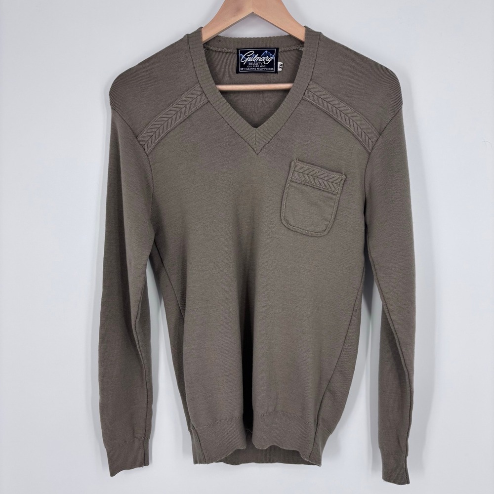 VTG 70s Gulmarg Beauty V-Neck Wool Sweater Mens S (Tag 36) Olive Brown *FLAWS